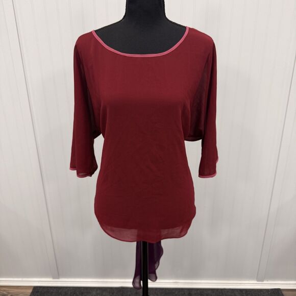 Vava by Joy Han Tops - VaVa by Joy Han Women's Large Burgundy Sheer Blouse w/ Contrast Tail Boho Chic